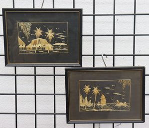 Two Folk Craft Waterscapes Created With Rice Straw On Black Fabric