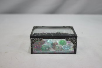 Vintage Glass And Tessellated Metal Frame Trinket Box With Colored Glass Marbles