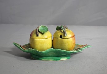 Quince Condiment Fruit Jam Jelly Jars On Leaves Portugal Majolica Vintage