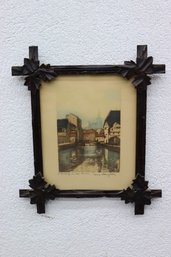 Antique Tramp Art Wooden Frame With Original Hand-tinted Etching By Louis Dauphin