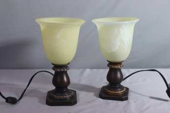 Two Bell Shaped Up Lights/Night Lights With Cream Frosted Glass Shades