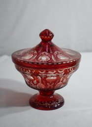 Vintage Ruby Red Cut To Clear Glass Covered Compote