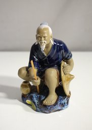 Vintage Chinese Shiwan Mudman Clay Art Pottery Fisherman Figurine -(missing His Fishing Rod )