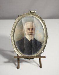 Antique Oval Portrait Of Gentleman In Metal Frame With Easel Stand