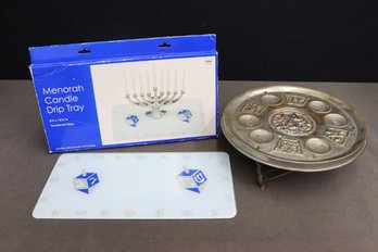 Tempered Glass Menorah Candle Drip Tray & Embossed Mini Metal Seder Plate With Bronze Base