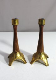 8' Vintage Modern Wood And Brass Candleholders Pair