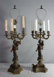 A Pair Of Vintage Neo-Classical Style Metal Cherub 4 Candle Candelabra Lamps