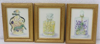 Decorative Small Triptych Framed Lavender, Jasmine, And Chamomile Oil Bottle Images