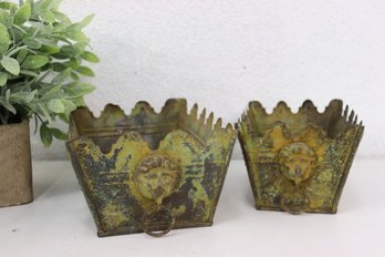 Two Decorative Scallop-edged Verdigris Metal Lions Head Ring Pull Planters
