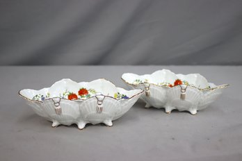 Two Vintage Aynsley Shell Shaped Dishes In Famille Rose Pattern Fine English Bone China