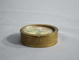 Antique Brass And Painted Porcelain Pill Box