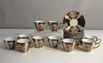 'Vintage Bavarian Porcelain Tea Set By Nagoya  Gilded Floral And Romantic Scenes, 10 Cups & Saucers'