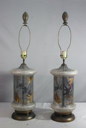 A Pair Of Vintage Striped & Frosted Glass Birdcage Lamps