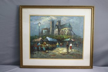 Vintage Signed Caroline Burnett Oil On Canvas Notre Dame De Paris Flower Market, Matted, Glazed, Framed