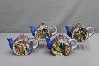 Group Of 4 Vintage Blue Japanese Satsuma Enameled Mini Teapots