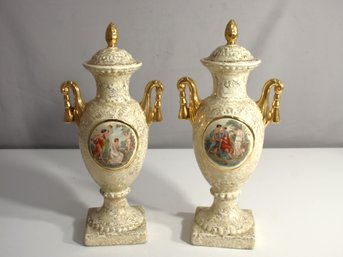 Pair Of Antique English Hand Painted Urns. Cream Color.