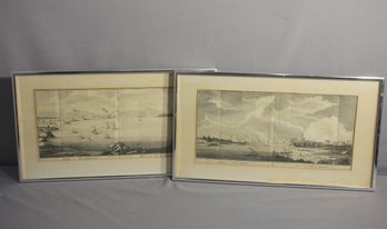Two Antique Etchings River & City Panoramas, Framed