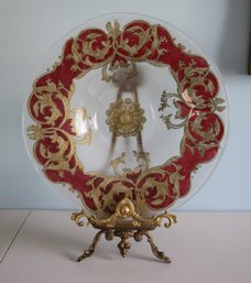 Mid-Century Opaque Glass Charger Dish Red Gold Wreath