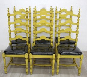 Set Of 6 Vintage Ladderback Dining Chairs With Yellow Frames And Black Vinyl Seats