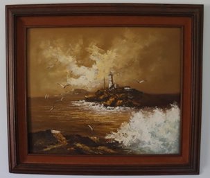 Painting On Canvas -coastline Lighthouse-signed On Lower Left