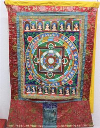 Wheel Of Life Mandala Painted Silk Panel With Patchwork Embroidered Border Surround