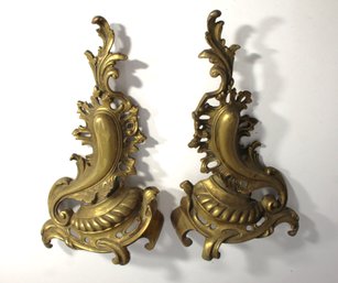 Pair Of Vintage French Rococo Style Bronze Acanthus Leaf Scroll Andirons