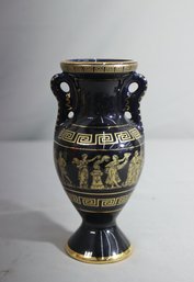 Vintage Greek Key & Grecian Figures Urn/vase In Black With 24K Gold Embellish Made In Greece