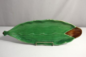 Vintage Majolica Leaf-Shaped Serving Platter  16.5' X 5'