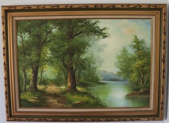 Framed And Signed Painting On Canvas / Mountain And Lake Scene