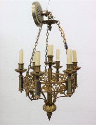 Gothic Revival Bronze-tone And Painted Metal Seven Candle Chandelier