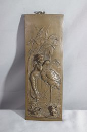 Art Nouveau Style Bas-Relief Cherub Faerie And Stork In Lilies Wall Plaque