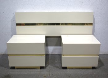 Cream Lacquer Laminate And Brass Bedroom Set With Full-Size Headboard And Nightstands'