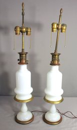 Vintage  White Opaline Glass And Brass Table Lamps