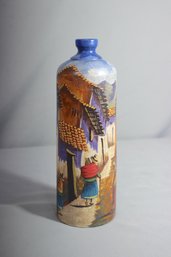 Folk Art Painted Stoneware Bottle Bud Vase