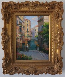 Carved Frame Painting On Canvas Of A Paris Scene