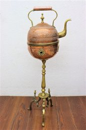 Vintage Engraved Copper And Brass Tea Kettle On Tripod Stand