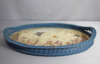 Vintage Blue Wicker, Dried Flowers & Butterfly Under Glass Serving Tray