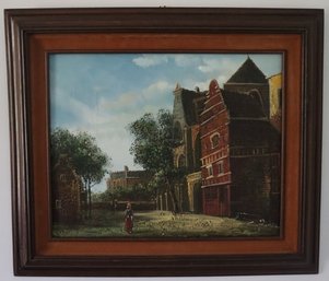 Framed  European Street Scene  Painting  Signed C Faria