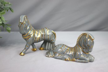 Pair Of Mid Century Modern Grey Zebras With Metallic Gold Stripes