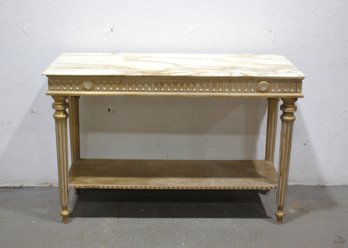 Elegant Marble-Top Console Table With Ornate Gilded Detailing And One Drawer