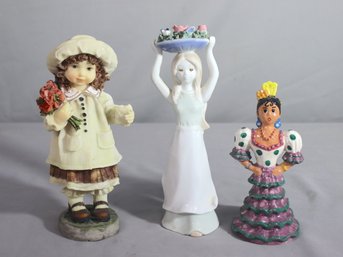 Trio Of 3 Fruit, Flowers, & Flamenco Lady Figurines - Hummel And Mann And Unsigned