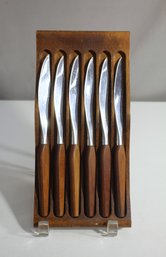 SET OF 6 In Holder - TEAK STEAK KNIVES Vintage FLEETWOOD DESIGNER STAINLESS MCM