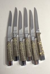 Set Of 6 Carvel Hall Cutlery Vintage 1960s Steak Knife Set-Ivory Plastic Hollow Handle/Silver Overlay.