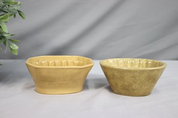 Pair Of Antique Pudding Mold, Heavy Stoneware, Early Octagonal Yellow Ware( Corn & Grapes )