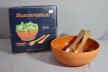 Vintage 4-piece TerraWare Chiller Salad Bowl Set With Wood Salad Servers And Coaster