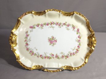 Antique B&H Limoges France Porcelain Decorative Tray Gold Trim Pink Roses