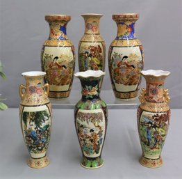 Group Lot Of 6 Varied Hand-Decorated Chinese Porcelain Vases
