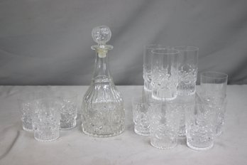 Vintage Adams Clear Glass Decanter, Rocks Glasses (8), And Highballs (4)by Pilgrim Glass