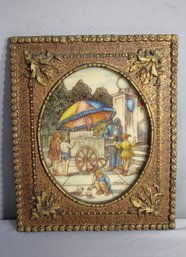 Vintage Artini Sculptured Engraving- Ice Cream Stand In Park With Boys And Girls