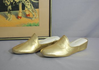 NEW-Gold Wedge Slippers Leather Size 7.5N